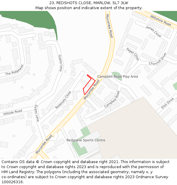 23, REDSHOTS CLOSE, MARLOW, SL7 3LW: Location map and indicative extent of plot