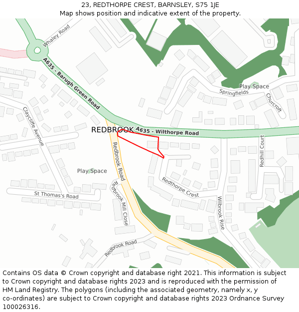 23, REDTHORPE CREST, BARNSLEY, S75 1JE: Location map and indicative extent of plot