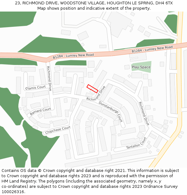 23, RICHMOND DRIVE, WOODSTONE VILLAGE, HOUGHTON LE SPRING, DH4 6TX: Location map and indicative extent of plot