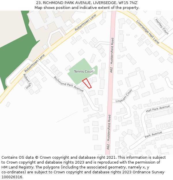 23, RICHMOND PARK AVENUE, LIVERSEDGE, WF15 7NZ: Location map and indicative extent of plot