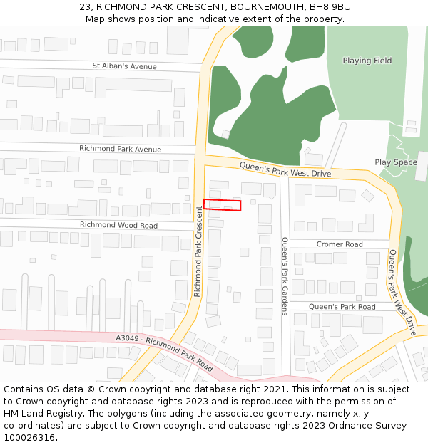 23, RICHMOND PARK CRESCENT, BOURNEMOUTH, BH8 9BU: Location map and indicative extent of plot