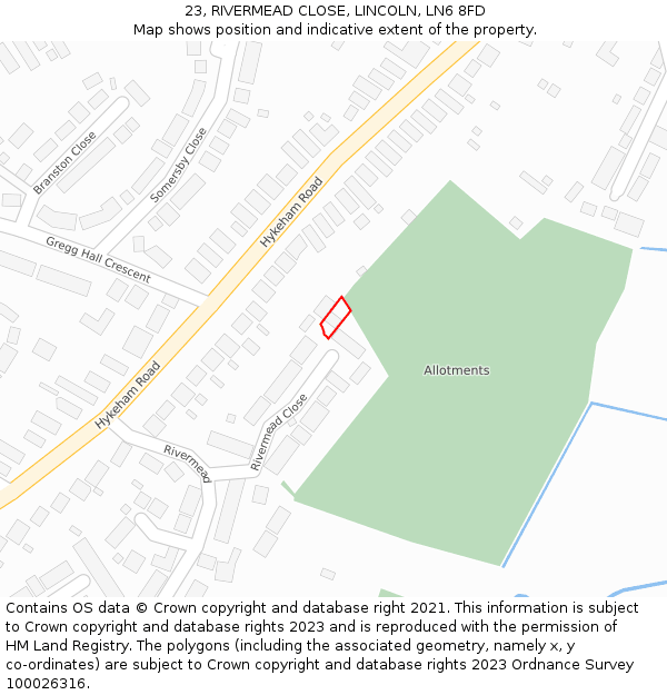 23, RIVERMEAD CLOSE, LINCOLN, LN6 8FD: Location map and indicative extent of plot