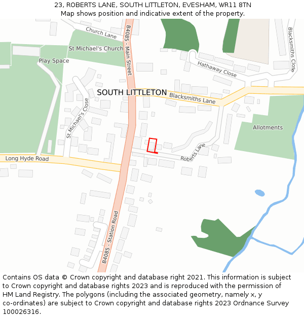 23, ROBERTS LANE, SOUTH LITTLETON, EVESHAM, WR11 8TN: Location map and indicative extent of plot