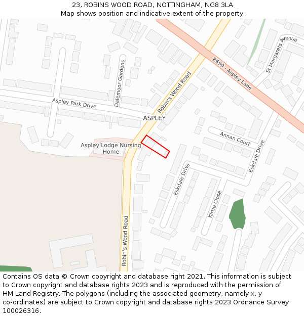 23, ROBINS WOOD ROAD, NOTTINGHAM, NG8 3LA: Location map and indicative extent of plot