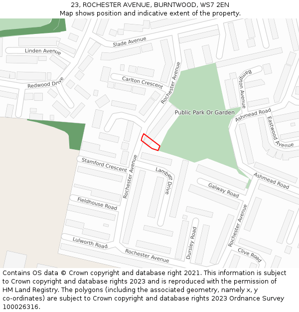 23, ROCHESTER AVENUE, BURNTWOOD, WS7 2EN: Location map and indicative extent of plot