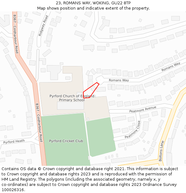 23, ROMANS WAY, WOKING, GU22 8TP: Location map and indicative extent of plot