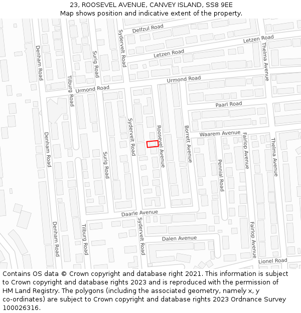 23, ROOSEVEL AVENUE, CANVEY ISLAND, SS8 9EE: Location map and indicative extent of plot