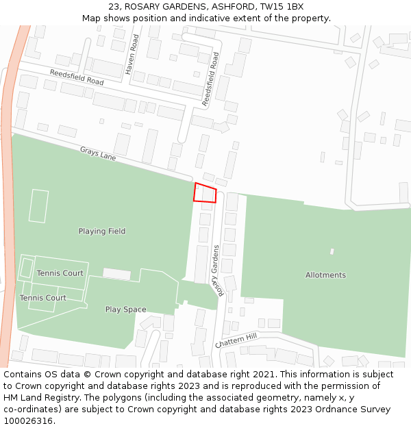 23, ROSARY GARDENS, ASHFORD, TW15 1BX: Location map and indicative extent of plot