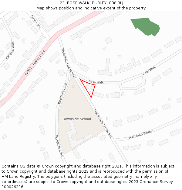 23, ROSE WALK, PURLEY, CR8 3LJ: Location map and indicative extent of plot