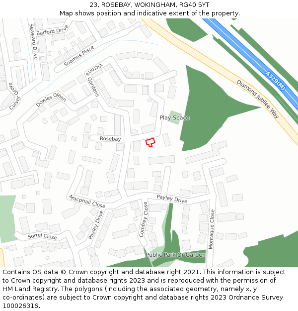 23, ROSEBAY, WOKINGHAM, RG40 5YT: Location map and indicative extent of plot
