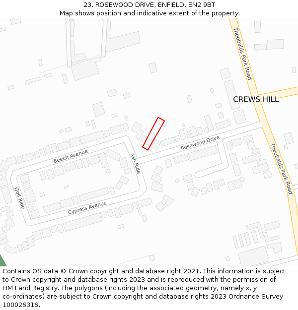 23, ROSEWOOD DRIVE, ENFIELD, EN2 9BT: Location map and indicative extent of plot