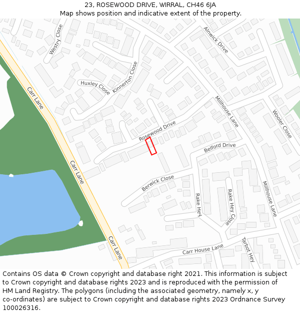 23, ROSEWOOD DRIVE, WIRRAL, CH46 6JA: Location map and indicative extent of plot