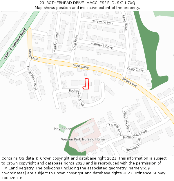 23, ROTHERHEAD DRIVE, MACCLESFIELD, SK11 7XQ: Location map and indicative extent of plot