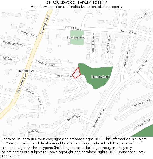 23, ROUNDWOOD, SHIPLEY, BD18 4JP: Location map and indicative extent of plot