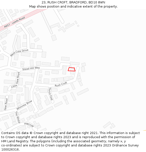 23, RUSH CROFT, BRADFORD, BD10 8WN: Location map and indicative extent of plot