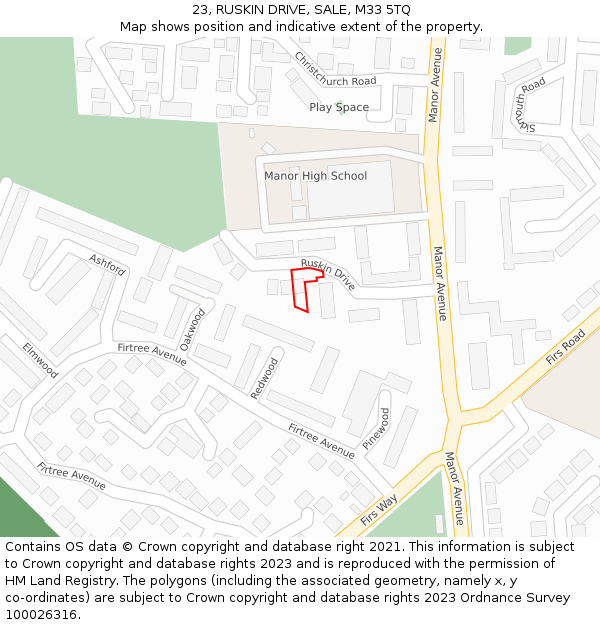 23, RUSKIN DRIVE, SALE, M33 5TQ: Location map and indicative extent of plot