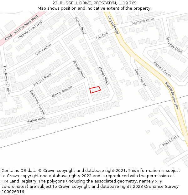 23, RUSSELL DRIVE, PRESTATYN, LL19 7YS: Location map and indicative extent of plot