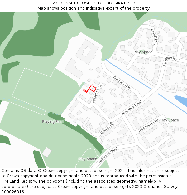 23, RUSSET CLOSE, BEDFORD, MK41 7GB: Location map and indicative extent of plot