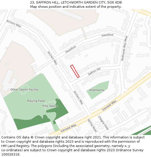 23, SAFFRON HILL, LETCHWORTH GARDEN CITY, SG6 4DB: Location map and indicative extent of plot