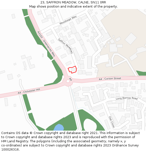 23, SAFFRON MEADOW, CALNE, SN11 0RR: Location map and indicative extent of plot