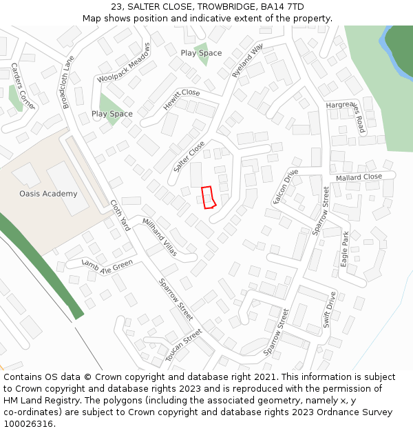 23, SALTER CLOSE, TROWBRIDGE, BA14 7TD: Location map and indicative extent of plot