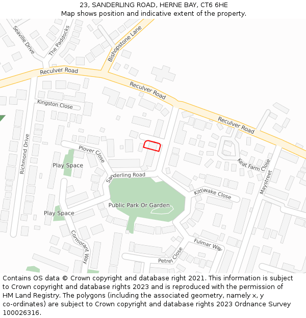 23, SANDERLING ROAD, HERNE BAY, CT6 6HE: Location map and indicative extent of plot