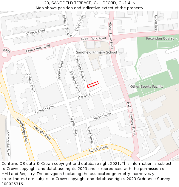 23, SANDFIELD TERRACE, GUILDFORD, GU1 4LN: Location map and indicative extent of plot