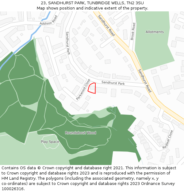 23, SANDHURST PARK, TUNBRIDGE WELLS, TN2 3SU: Location map and indicative extent of plot