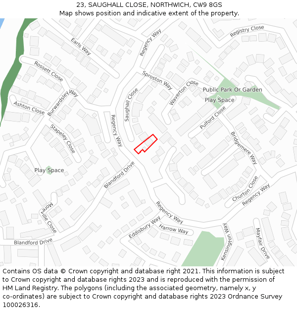 23, SAUGHALL CLOSE, NORTHWICH, CW9 8GS: Location map and indicative extent of plot