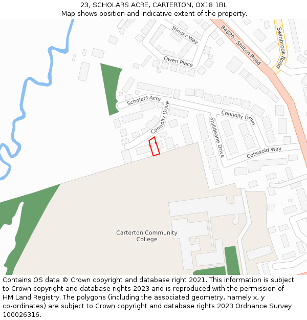 23, SCHOLARS ACRE, CARTERTON, OX18 1BL: Location map and indicative extent of plot