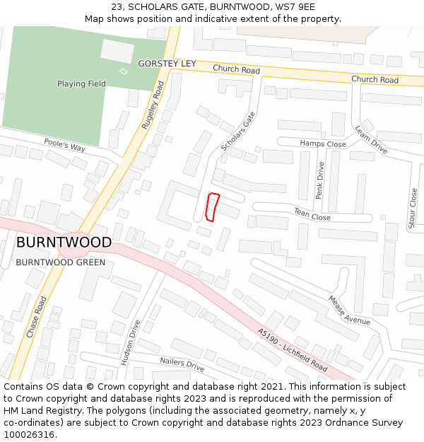 23, SCHOLARS GATE, BURNTWOOD, WS7 9EE: Location map and indicative extent of plot