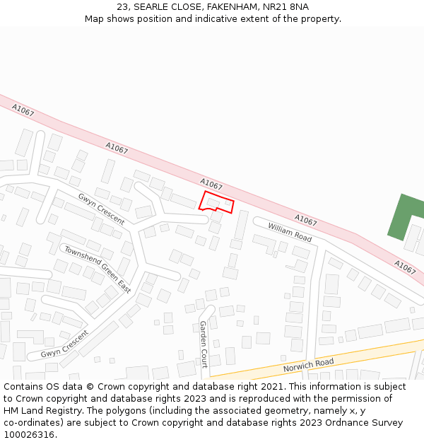 23, SEARLE CLOSE, FAKENHAM, NR21 8NA: Location map and indicative extent of plot