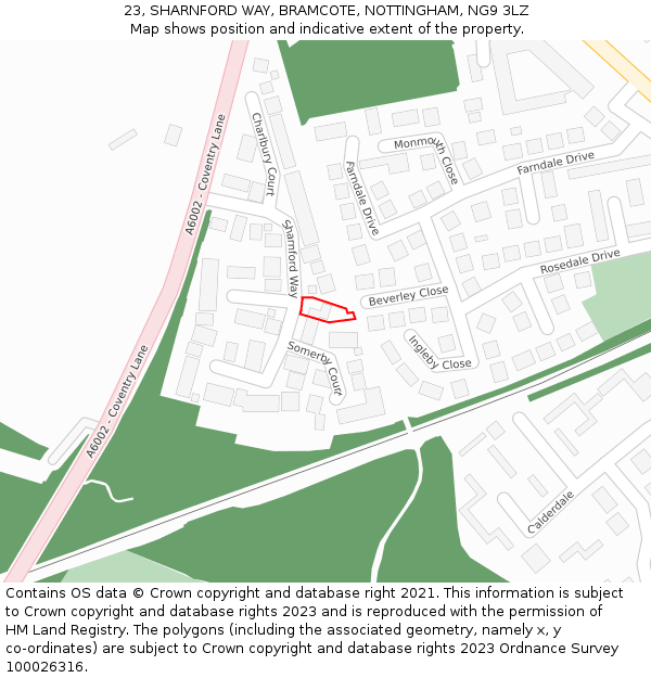 23, SHARNFORD WAY, BRAMCOTE, NOTTINGHAM, NG9 3LZ: Location map and indicative extent of plot