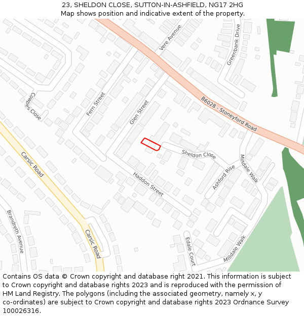 23, SHELDON CLOSE, SUTTON-IN-ASHFIELD, NG17 2HG: Location map and indicative extent of plot