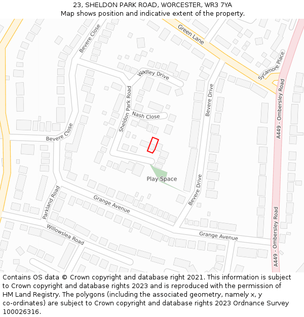 23, SHELDON PARK ROAD, WORCESTER, WR3 7YA: Location map and indicative extent of plot