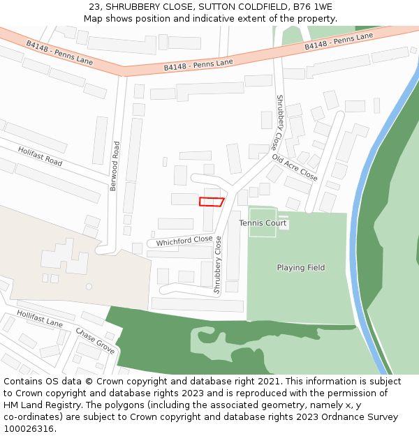 23, SHRUBBERY CLOSE, SUTTON COLDFIELD, B76 1WE: Location map and indicative extent of plot