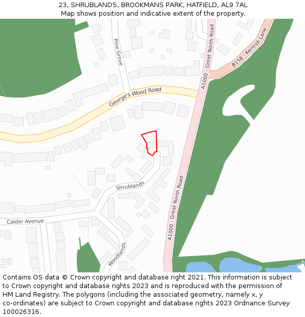 23, SHRUBLANDS, BROOKMANS PARK, HATFIELD, AL9 7AL: Location map and indicative extent of plot