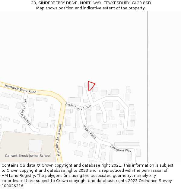 23, SINDERBERRY DRIVE, NORTHWAY, TEWKESBURY, GL20 8SB: Location map and indicative extent of plot