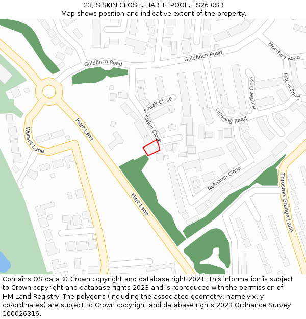 23, SISKIN CLOSE, HARTLEPOOL, TS26 0SR: Location map and indicative extent of plot