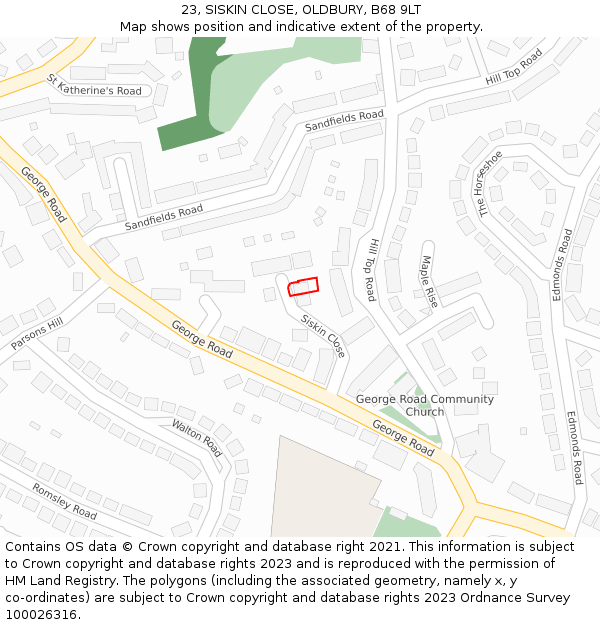 23, SISKIN CLOSE, OLDBURY, B68 9LT: Location map and indicative extent of plot