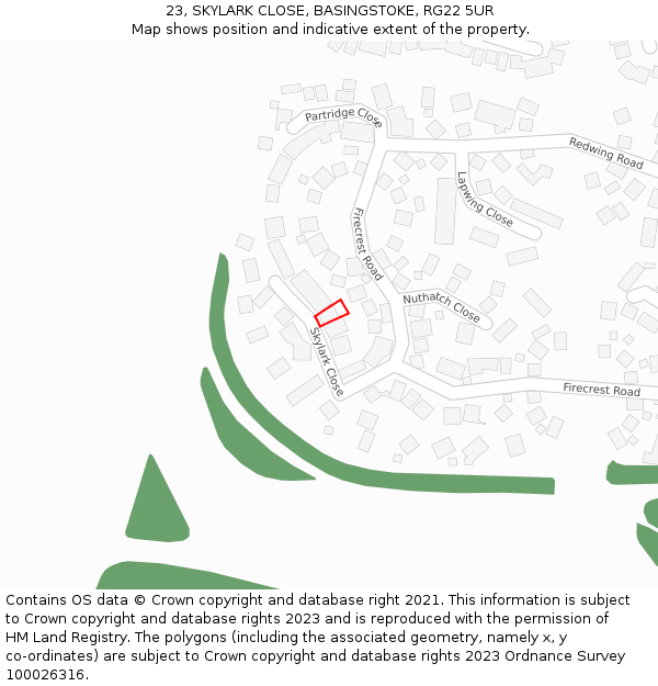 23, SKYLARK CLOSE, BASINGSTOKE, RG22 5UR: Location map and indicative extent of plot