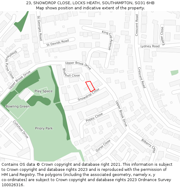 23, SNOWDROP CLOSE, LOCKS HEATH, SOUTHAMPTON, SO31 6HB: Location map and indicative extent of plot