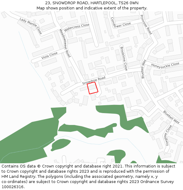 23, SNOWDROP ROAD, HARTLEPOOL, TS26 0WN: Location map and indicative extent of plot