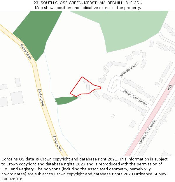 23, SOUTH CLOSE GREEN, MERSTHAM, REDHILL, RH1 3DU: Location map and indicative extent of plot