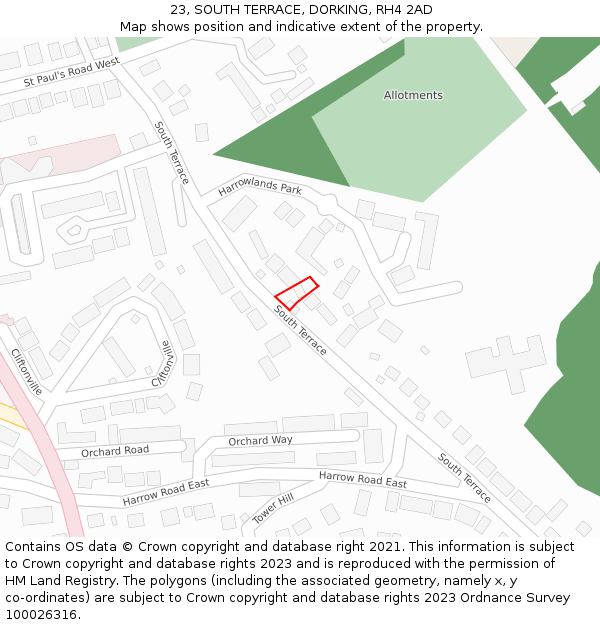 23, SOUTH TERRACE, DORKING, RH4 2AD: Location map and indicative extent of plot