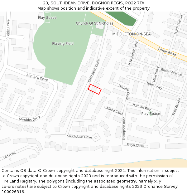 23, SOUTHDEAN DRIVE, BOGNOR REGIS, PO22 7TA: Location map and indicative extent of plot