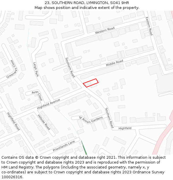 23, SOUTHERN ROAD, LYMINGTON, SO41 9HR: Location map and indicative extent of plot