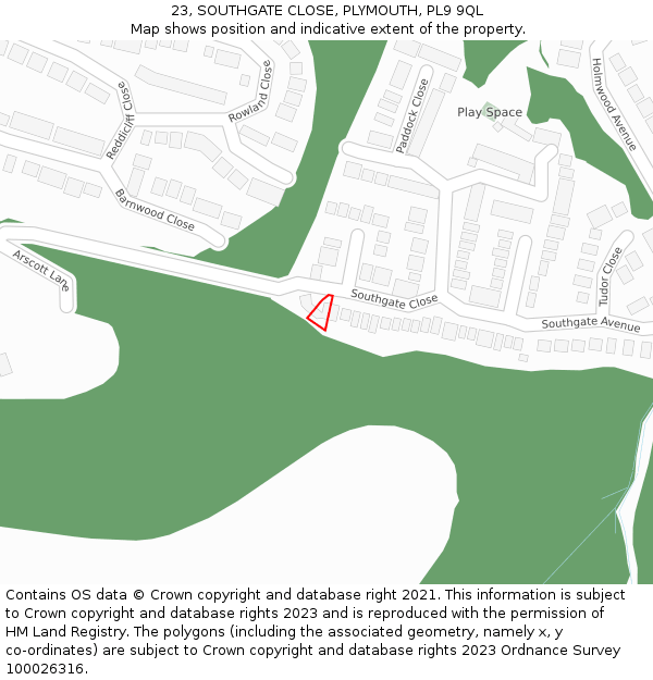 23, SOUTHGATE CLOSE, PLYMOUTH, PL9 9QL: Location map and indicative extent of plot