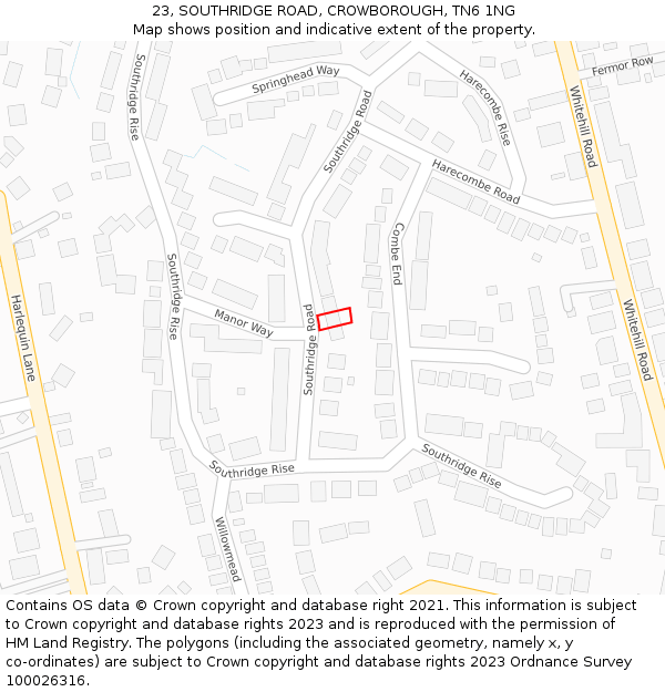 23, SOUTHRIDGE ROAD, CROWBOROUGH, TN6 1NG: Location map and indicative extent of plot