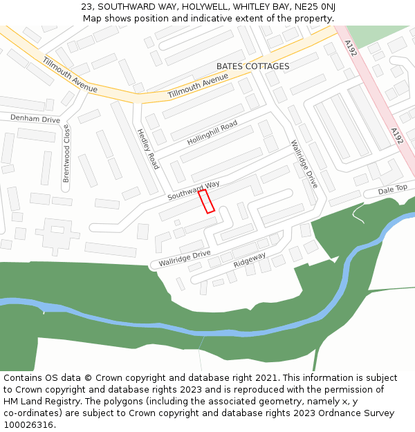 23, SOUTHWARD WAY, HOLYWELL, WHITLEY BAY, NE25 0NJ: Location map and indicative extent of plot